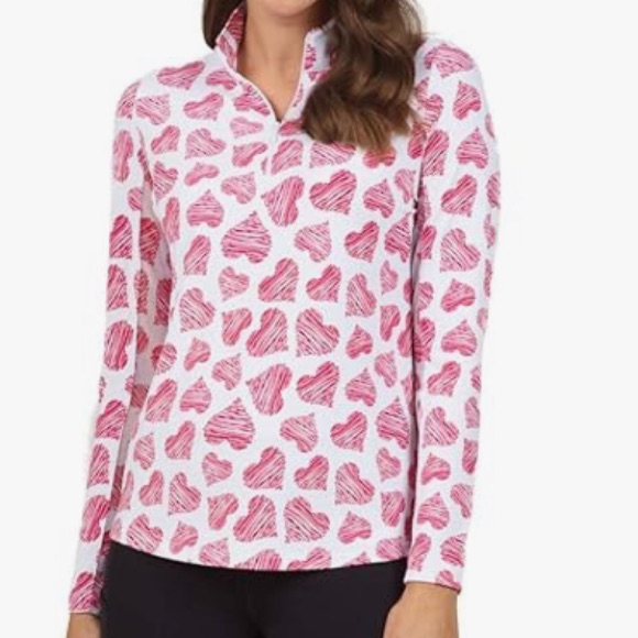 Ibkul Scribble Hearts Red White Long Sleeve Mock Golf Shirt Xs S & M